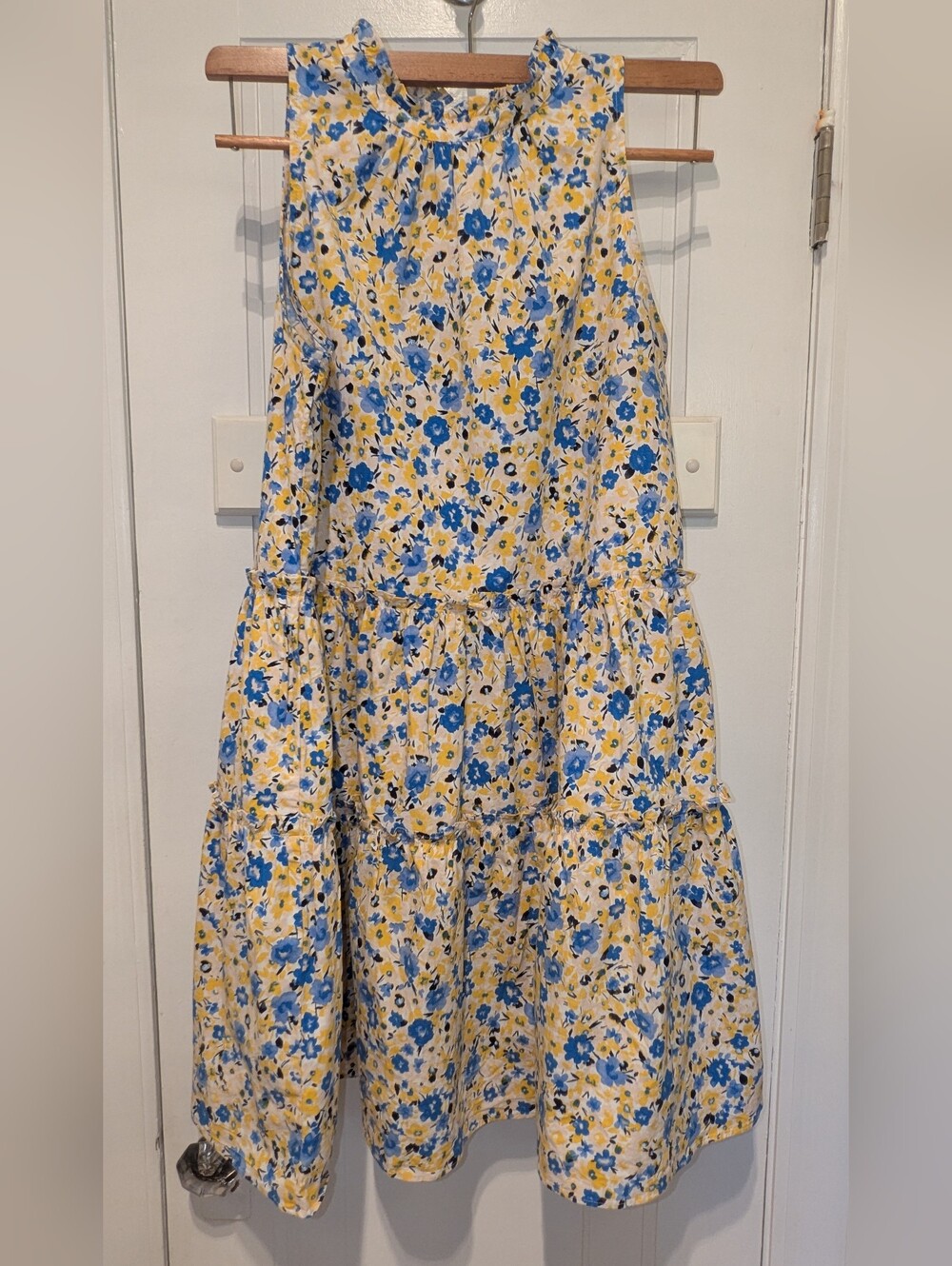 Ann Taylor Blue & Yellow Floral Tiered Midi Dress With Flounce Skirt